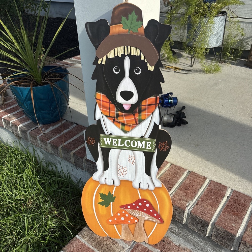 Autumn/Fall Border Collie Dog & Pumpkin Mushrooms WELCOME Wooden Door Porch Sign